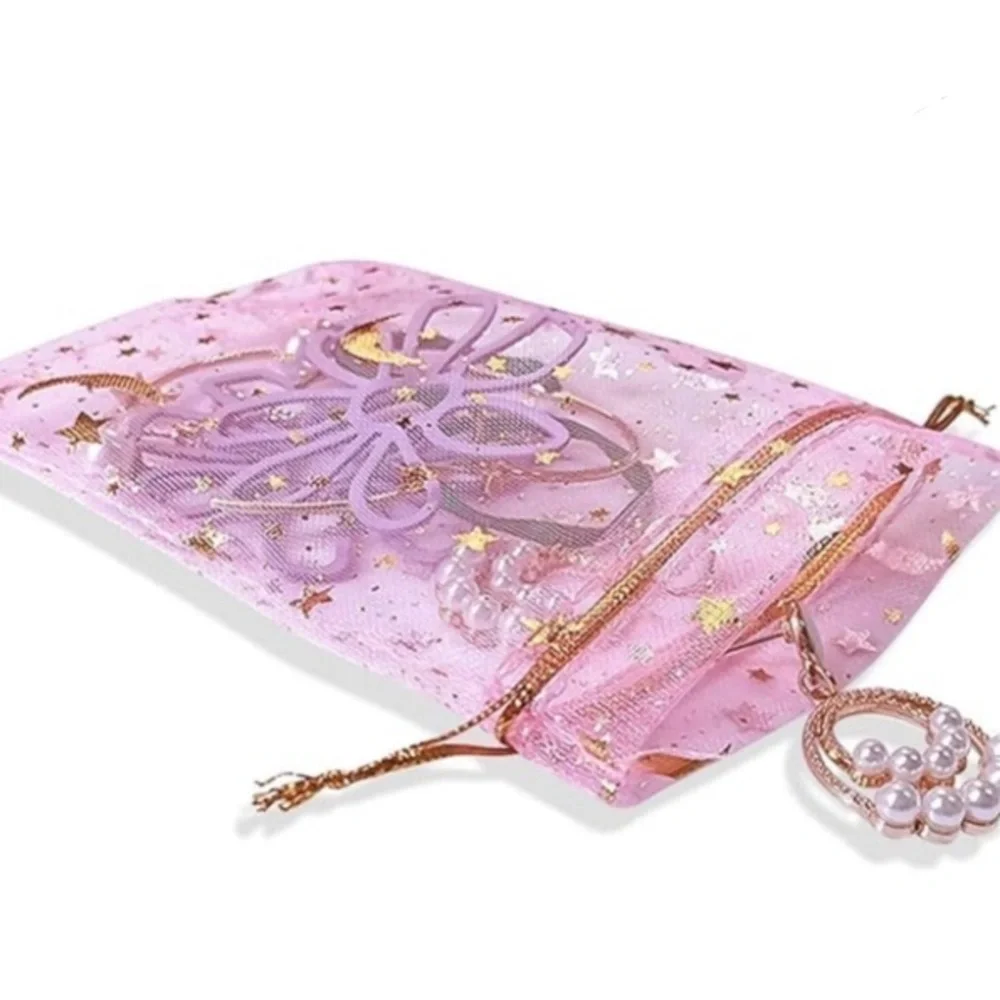 12 Count - Moon + Star Small Jewelry Organza Drawstring Bags, ~4 x 5 inches